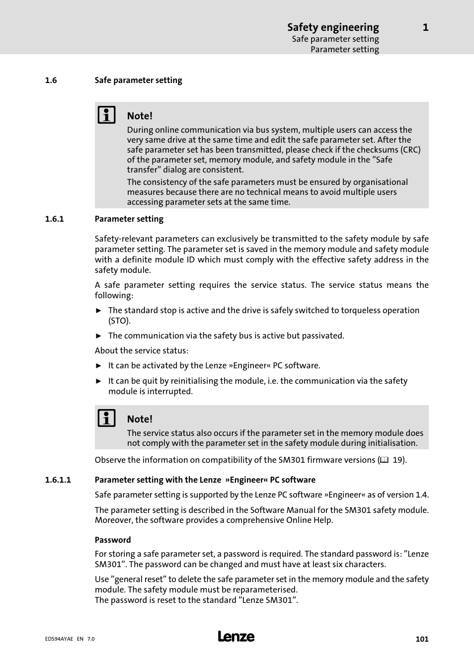 Safe parameter setting, Parameter setting, Safety engineering | Lenze E94AYAE SM301 User Manual | Page 101 / 140