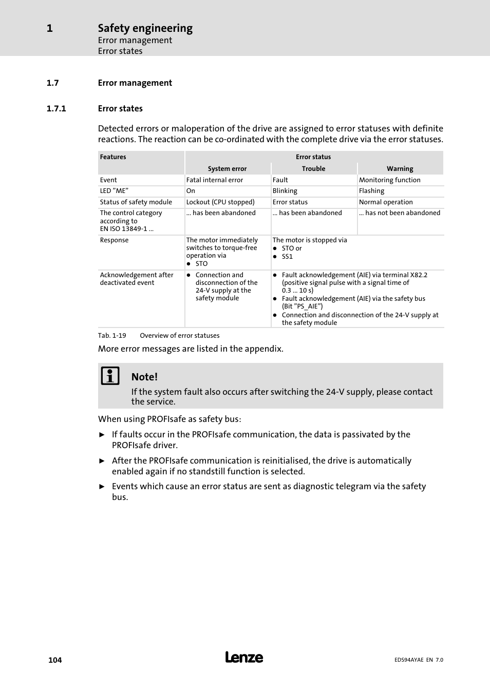 Error management, Error states, Safety engineering | Lenze E94AYAE SM301 User Manual | Page 104 / 140