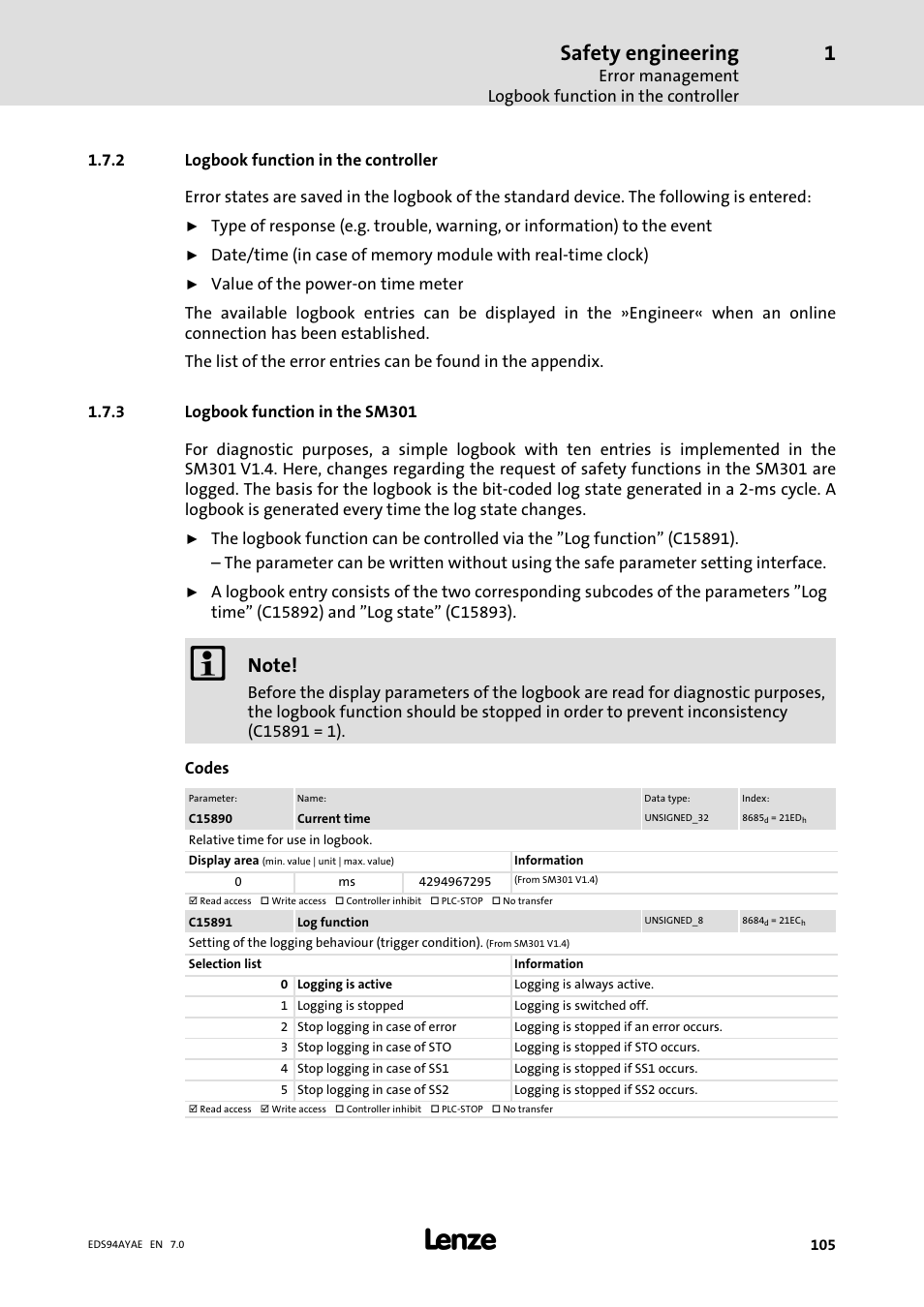 Logbook function in the controller, Logbook function in the sm301, Safety engineering | Lenze E94AYAE SM301 User Manual | Page 105 / 140