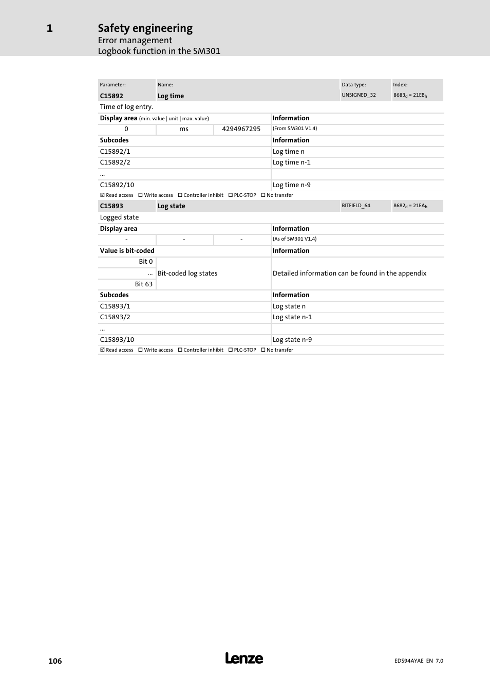 Safety engineering, Error management logbook function in the sm301 | Lenze E94AYAE SM301 User Manual | Page 106 / 140