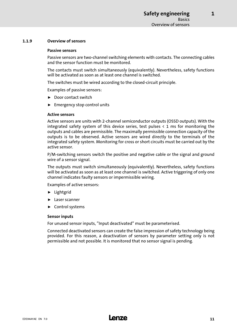 Overview of sensors, Safety engineering | Lenze E94AYAE SM301 User Manual | Page 11 / 140