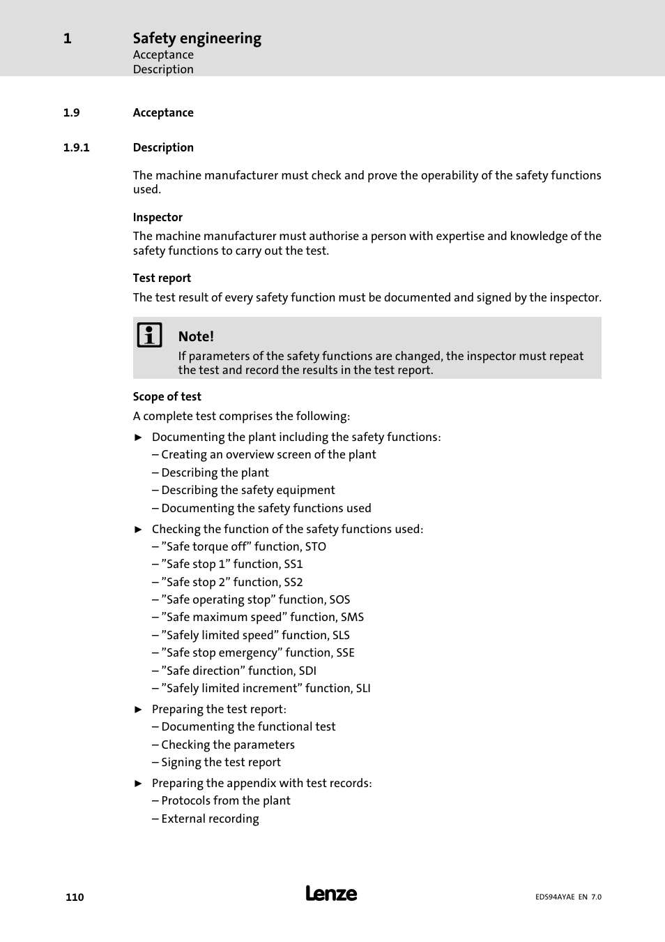 Acceptance, Description, Safety engineering | Lenze E94AYAE SM301 User Manual | Page 110 / 140