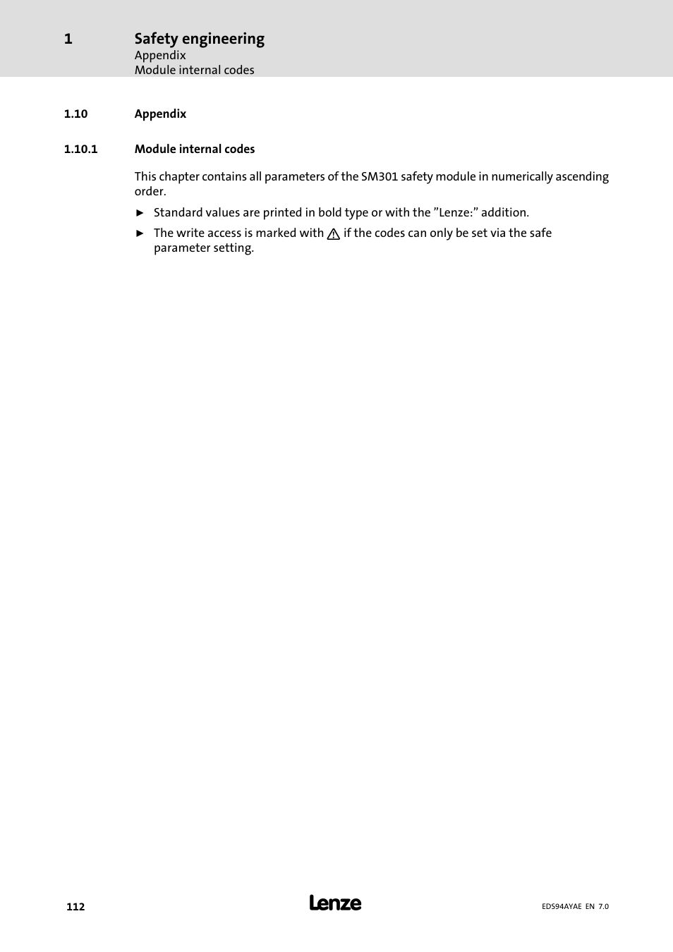 Appendix, Module internal codes, Safety engineering | Lenze E94AYAE SM301 User Manual | Page 112 / 140