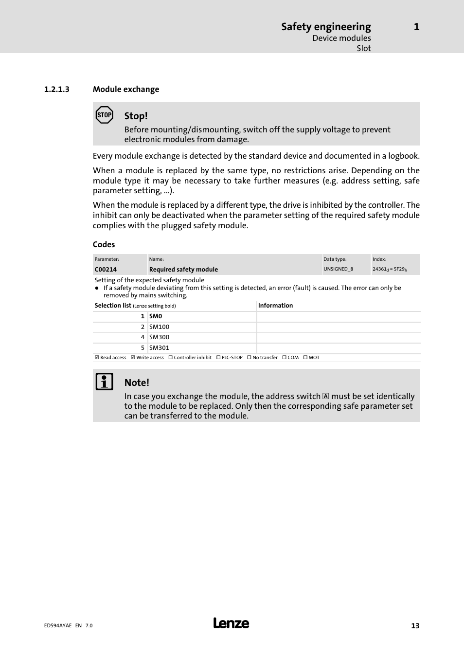Safety engineering, Stop | Lenze E94AYAE SM301 User Manual | Page 13 / 140
