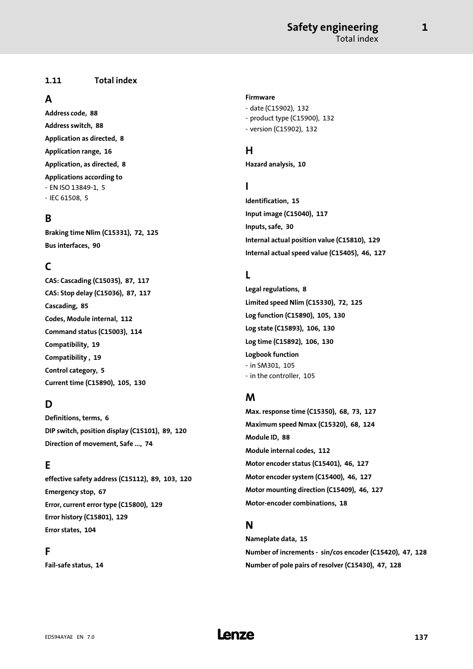 Total index, Safety engineering | Lenze E94AYAE SM301 User Manual | Page 137 / 140