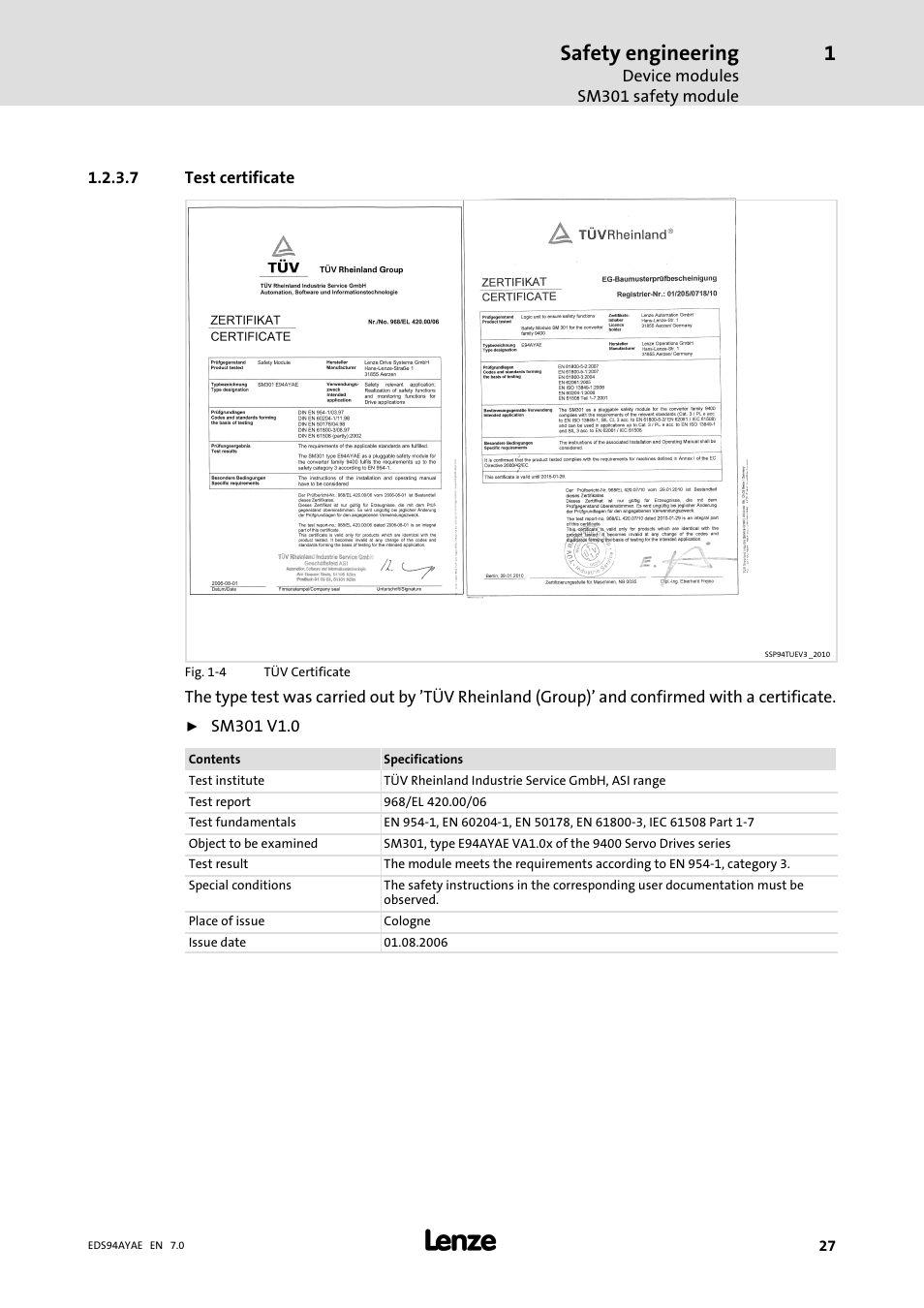 Safety engineering | Lenze E94AYAE SM301 User Manual | Page 27 / 140