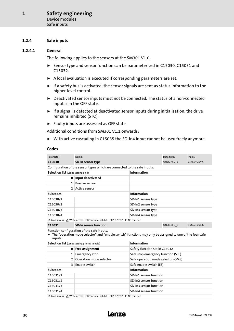 Safe inputs, Safety engineering, Device modules safe inputs | Lenze E94AYAE SM301 User Manual | Page 30 / 140