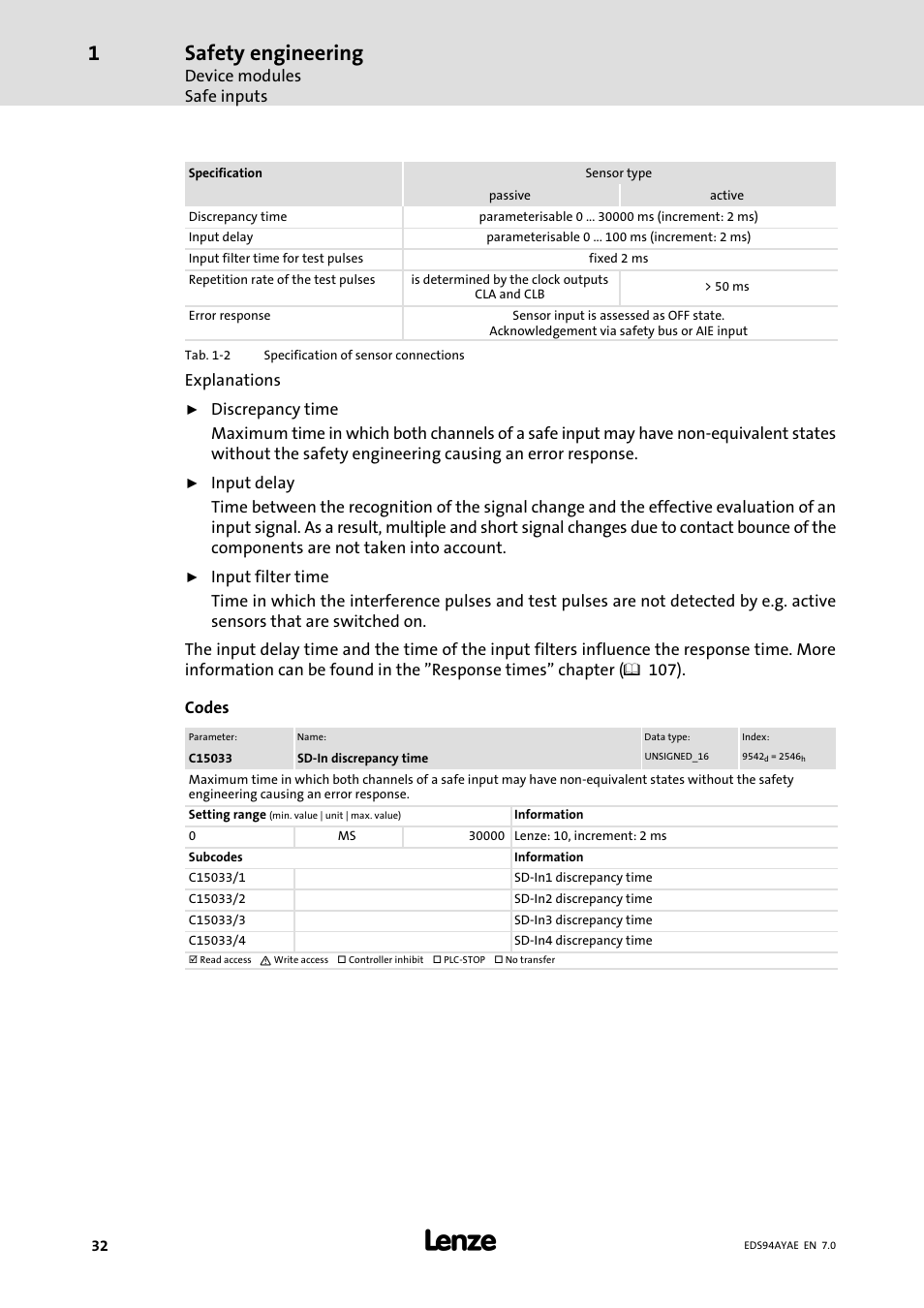 Safety engineering, Device modules safe inputs, Explanations | Lenze E94AYAE SM301 User Manual | Page 32 / 140