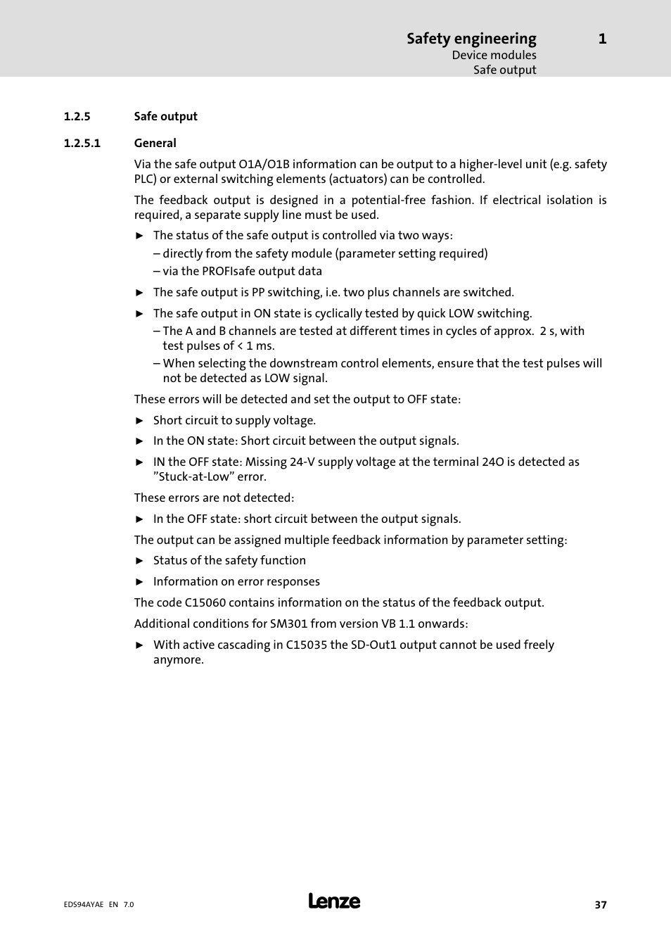 Safe output, Safety engineering | Lenze E94AYAE SM301 User Manual | Page 37 / 140