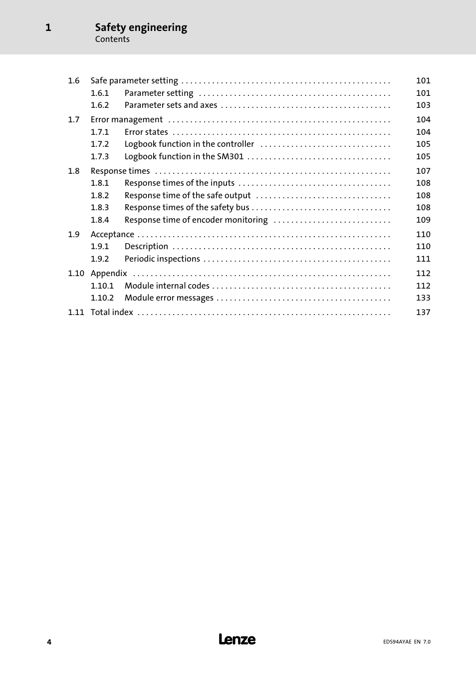 Safety engineering | Lenze E94AYAE SM301 User Manual | Page 4 / 140