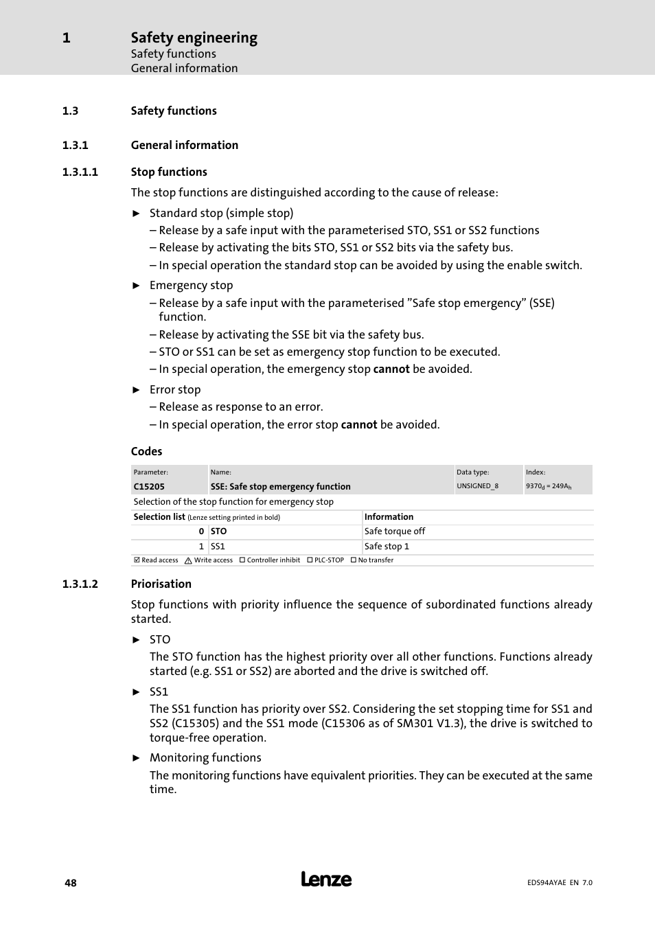 Safety functions, General information, Safety engineering | Lenze E94AYAE SM301 User Manual | Page 48 / 140