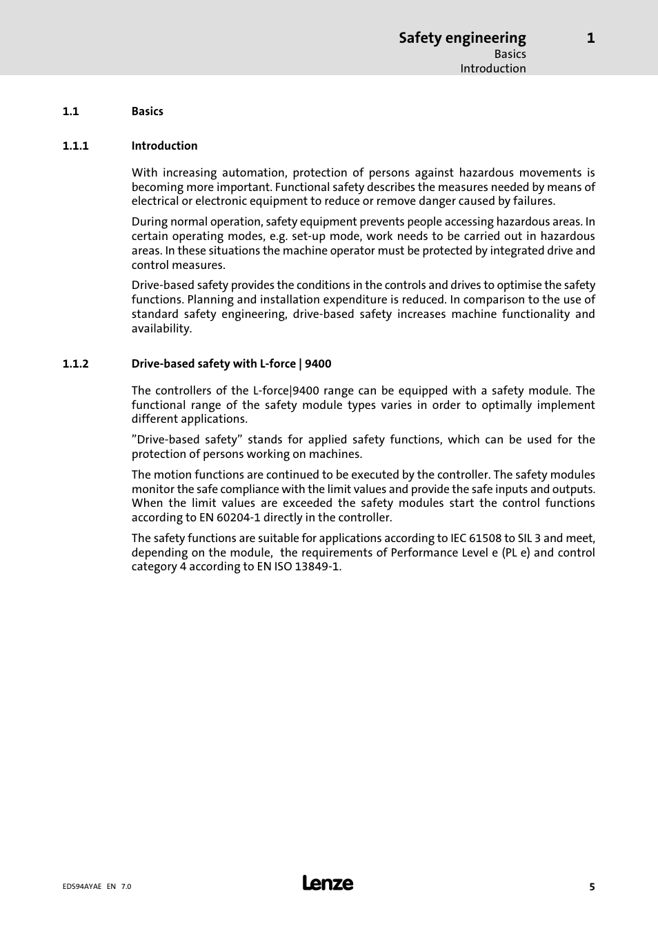 Basics, Introduction, Drive-based safety with l-force | 9400 | Safety engineering | Lenze E94AYAE SM301 User Manual | Page 5 / 140