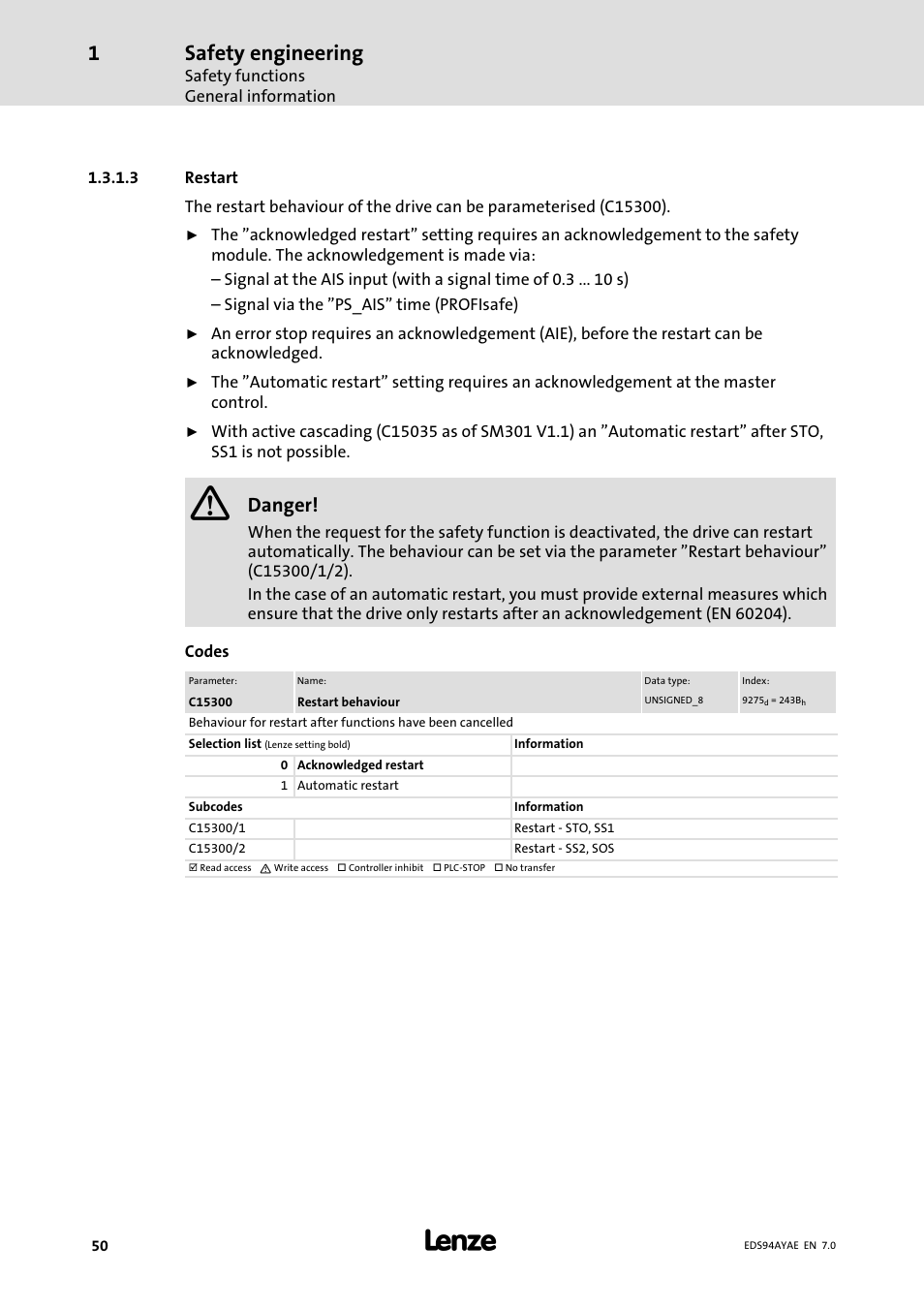 Safety engineering, Danger | Lenze E94AYAE SM301 User Manual | Page 50 / 140