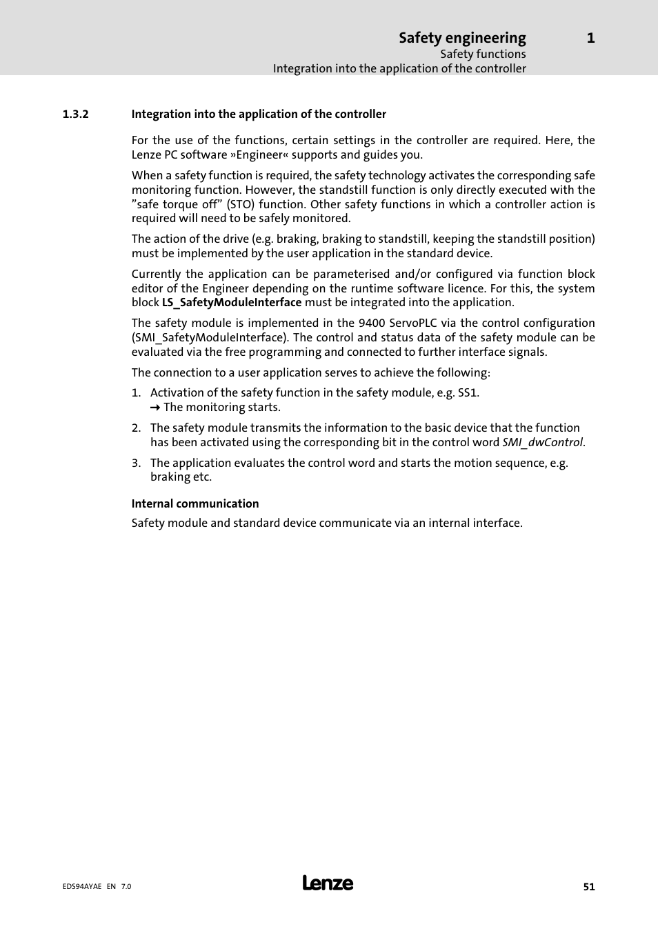 Integration into the application of the controller, Safety engineering | Lenze E94AYAE SM301 User Manual | Page 51 / 140