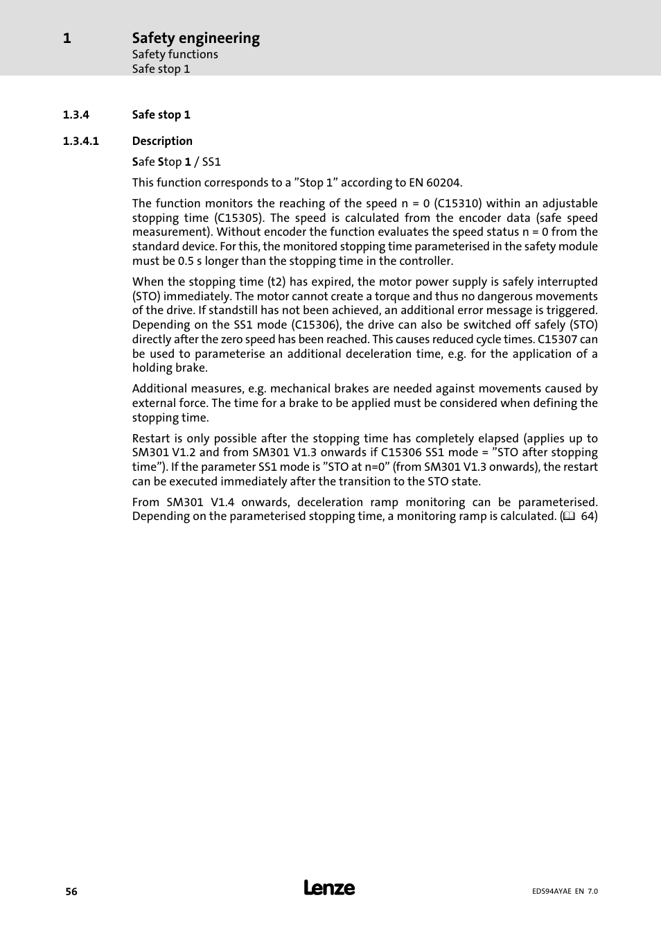 Safe stop 1, Safety engineering | Lenze E94AYAE SM301 User Manual | Page 56 / 140