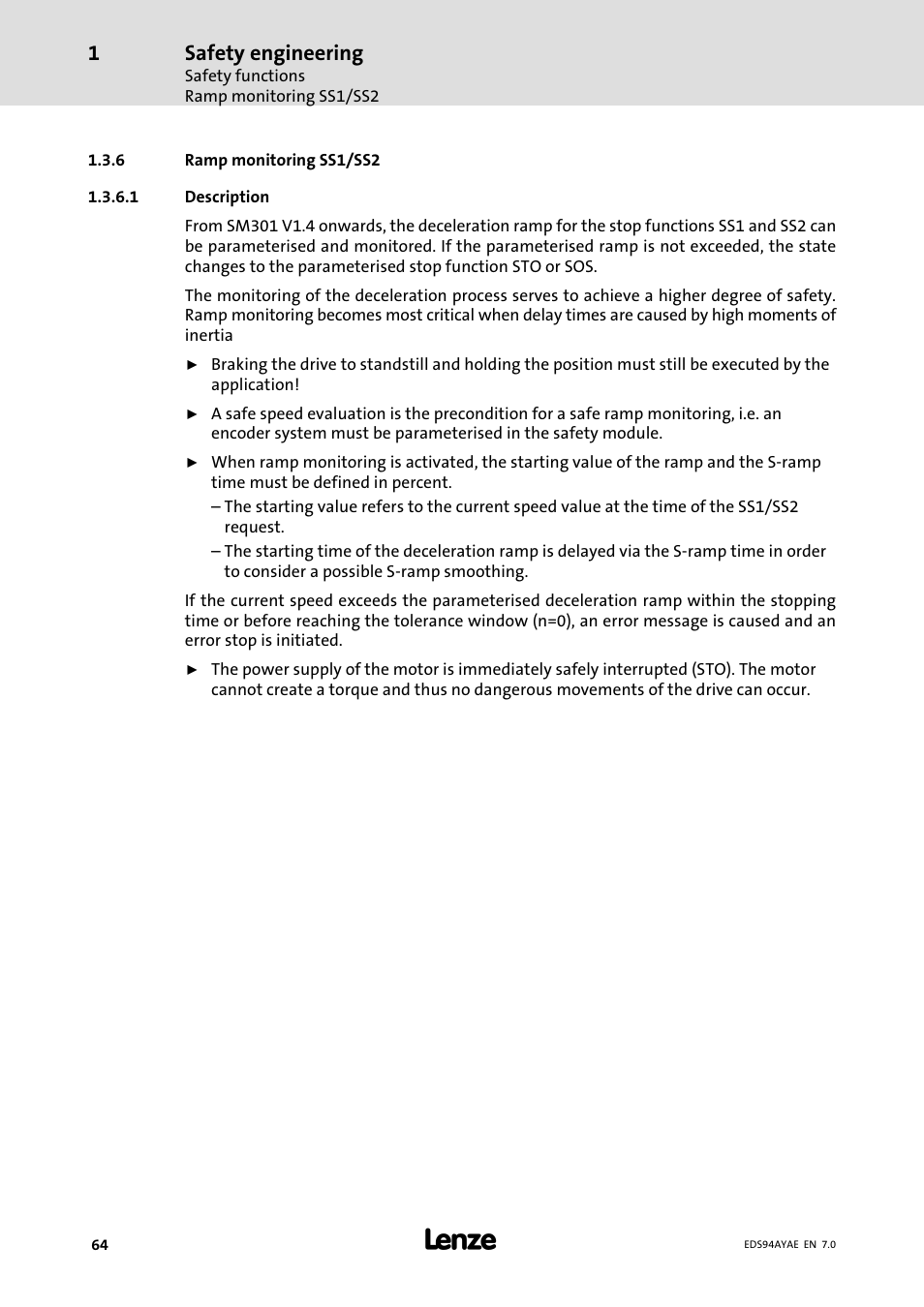 Ramp monitoring ss1/ss2, Safety engineering | Lenze E94AYAE SM301 User Manual | Page 64 / 140