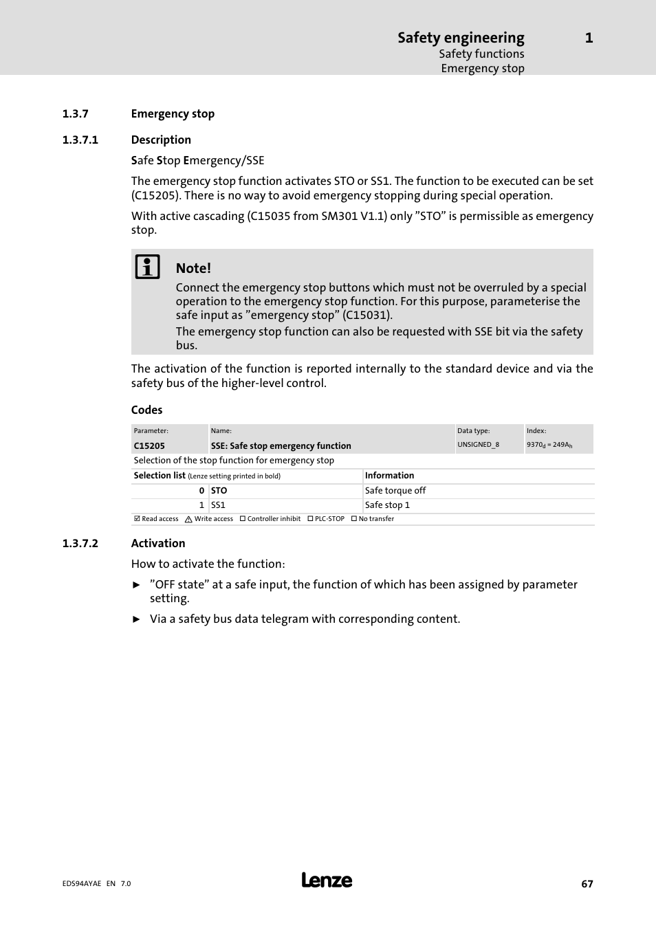 Emergency stop, Safety engineering | Lenze E94AYAE SM301 User Manual | Page 67 / 140
