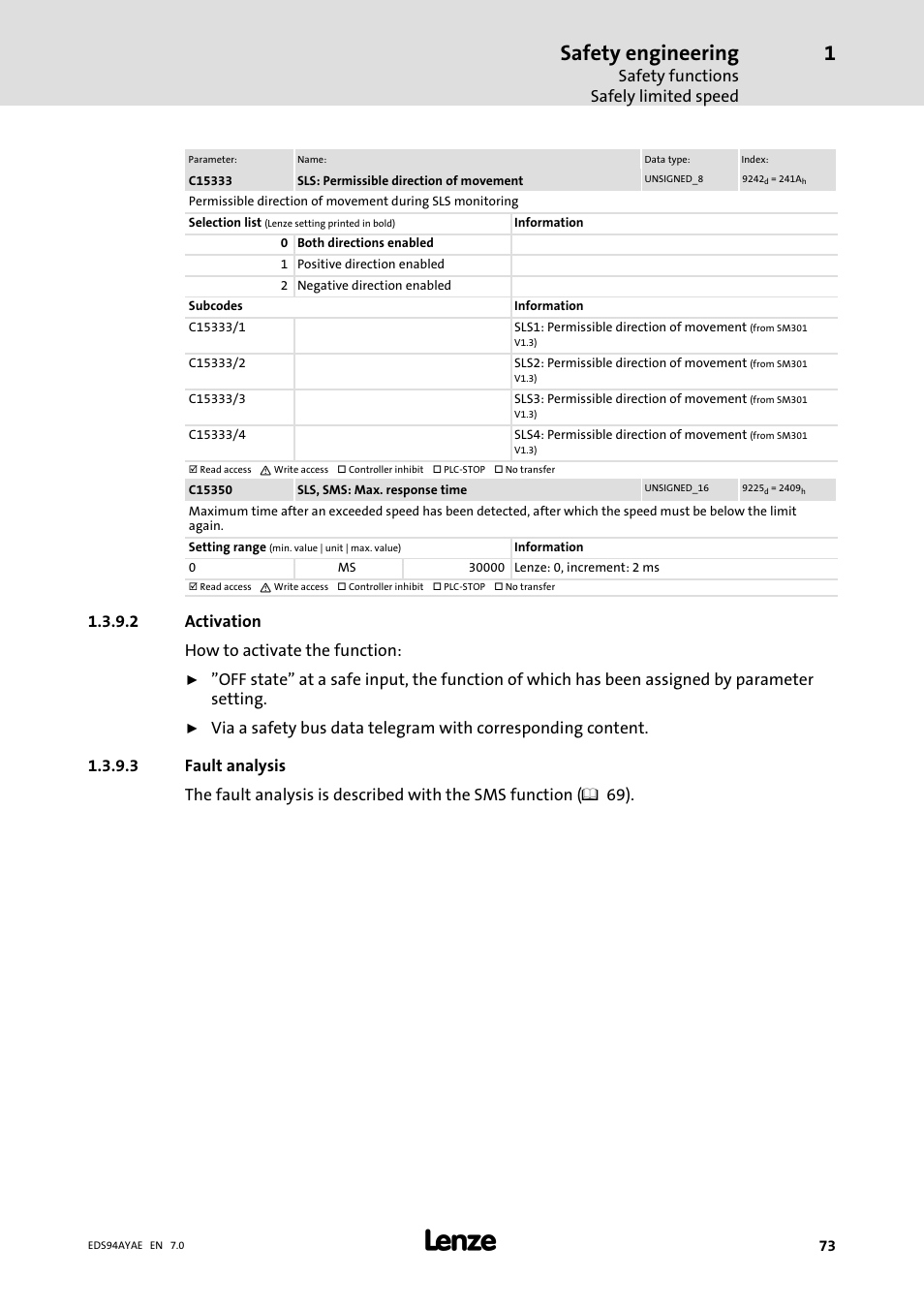Safety engineering, Safety functions safely limited speed, 2 activation how to activate the function | Lenze E94AYAE SM301 User Manual | Page 73 / 140