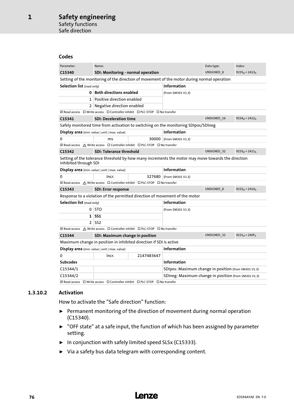 Safety engineering, Safety functions safe direction, Codes | Lenze E94AYAE SM301 User Manual | Page 76 / 140