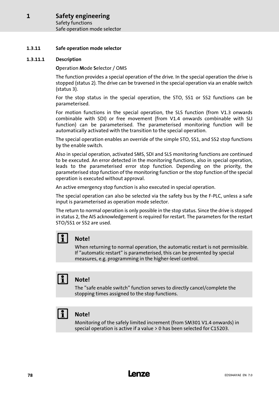 Safe operation mode selector | Lenze E94AYAE SM301 User Manual | Page 78 / 140