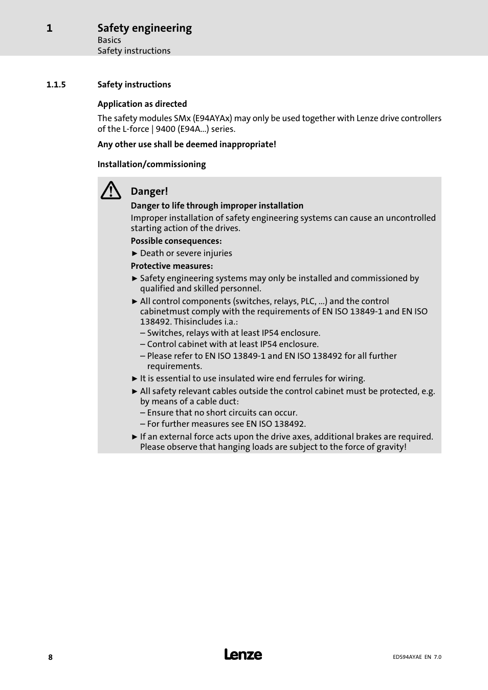 Safety instructions, Safety engineering | Lenze E94AYAE SM301 User Manual | Page 8 / 140