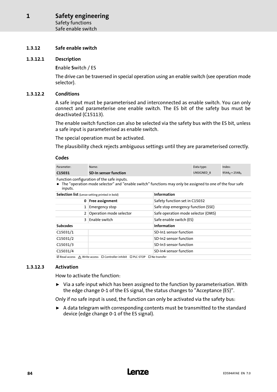 Safe enable switch, Safety engineering | Lenze E94AYAE SM301 User Manual | Page 84 / 140