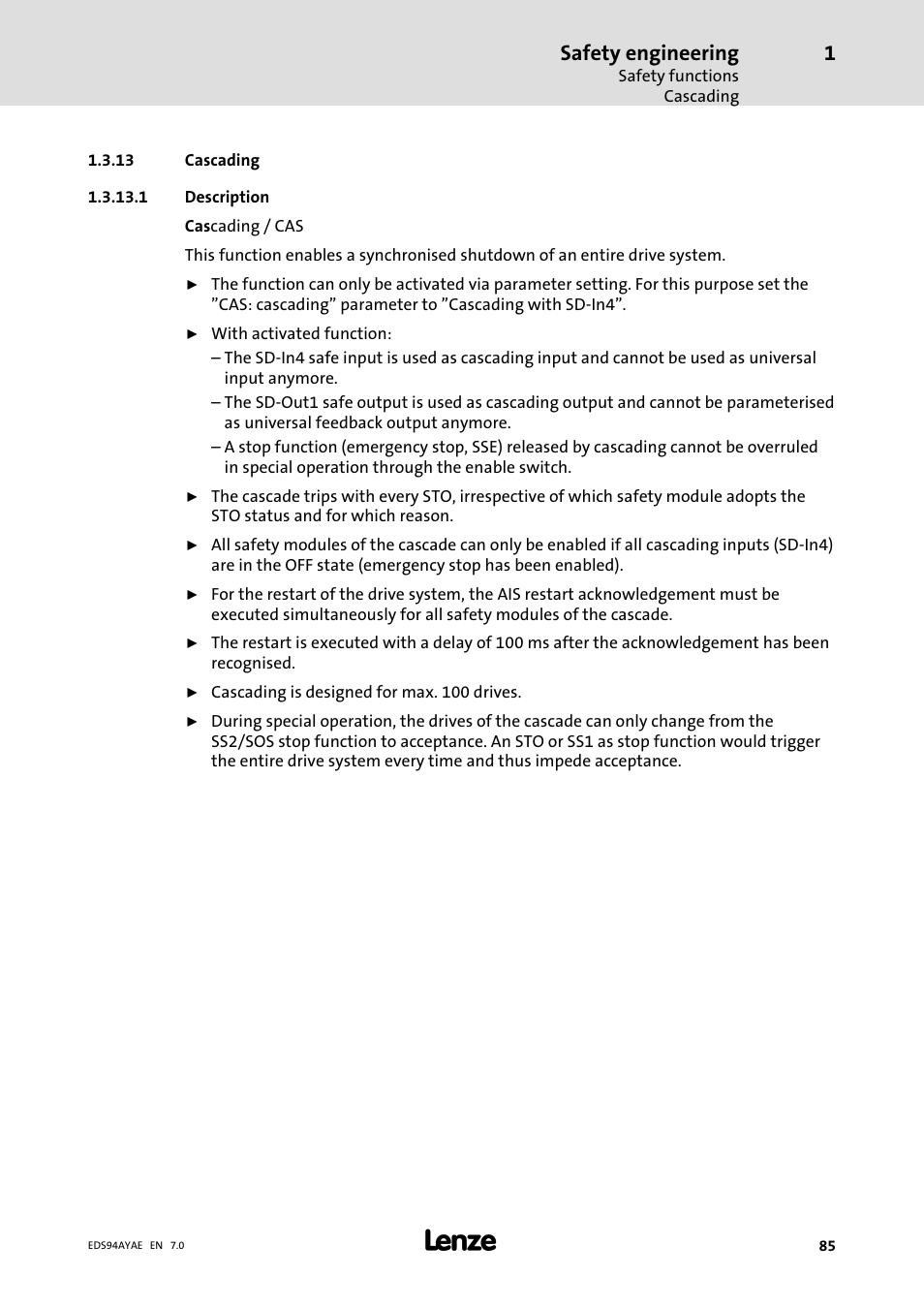 Cascading, Safety engineering | Lenze E94AYAE SM301 User Manual | Page 85 / 140