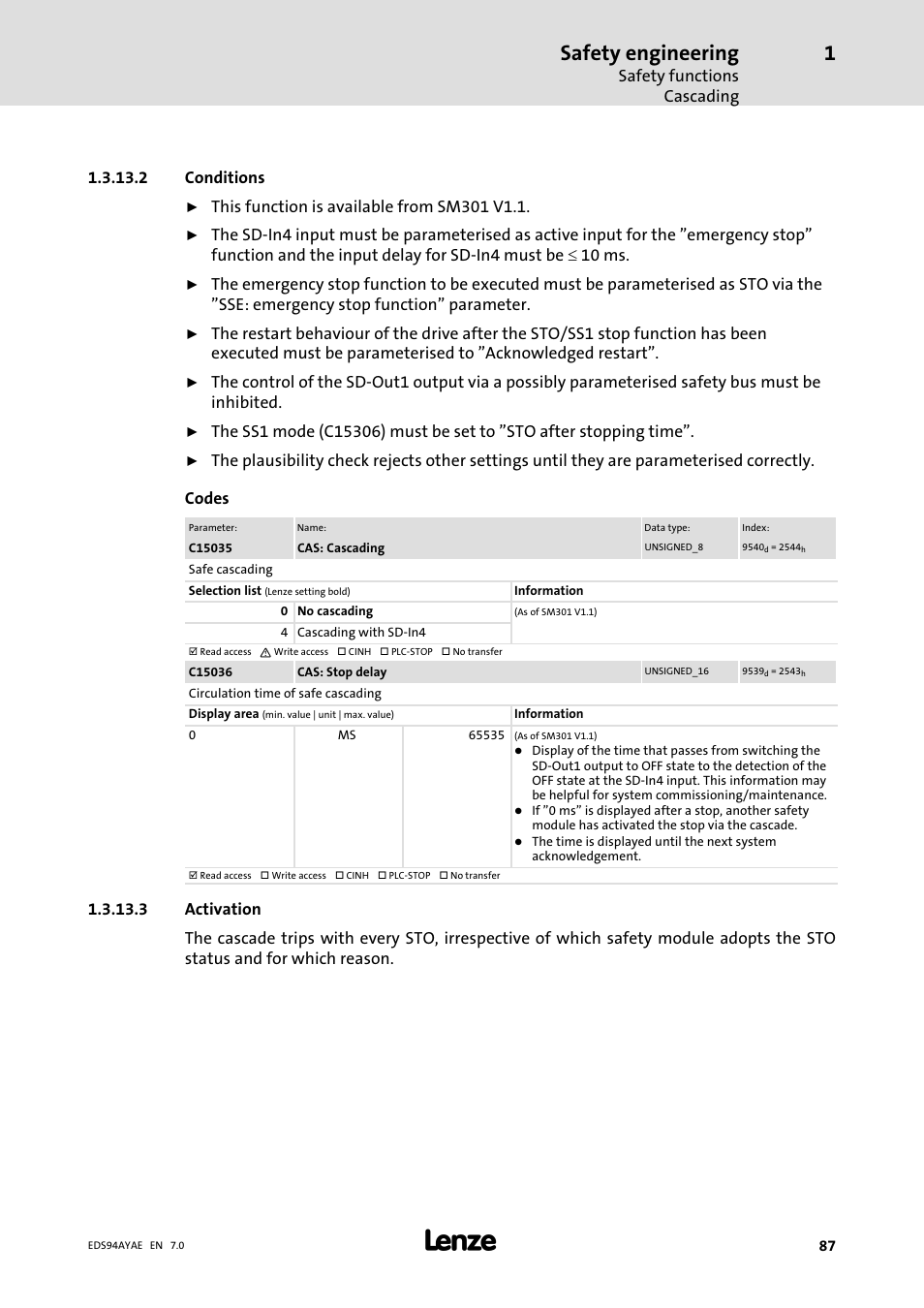 Safety engineering, Safety functions cascading, 2 conditions | Lenze E94AYAE SM301 User Manual | Page 87 / 140