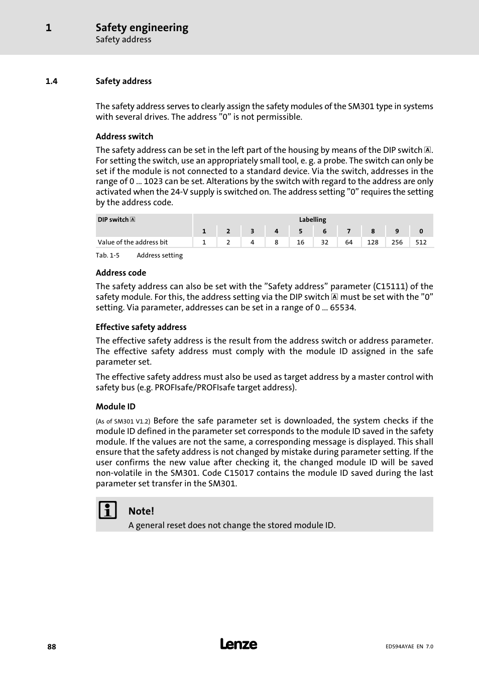 Safety address, Safety engineering | Lenze E94AYAE SM301 User Manual | Page 88 / 140