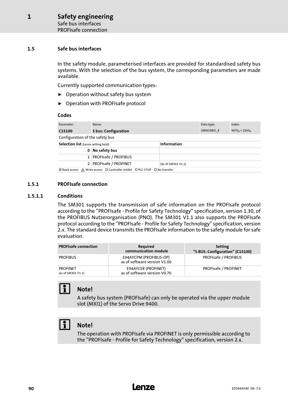 Safe bus interfaces, Profisafe connection, Safety engineering | Lenze E94AYAE SM301 User Manual | Page 90 / 140