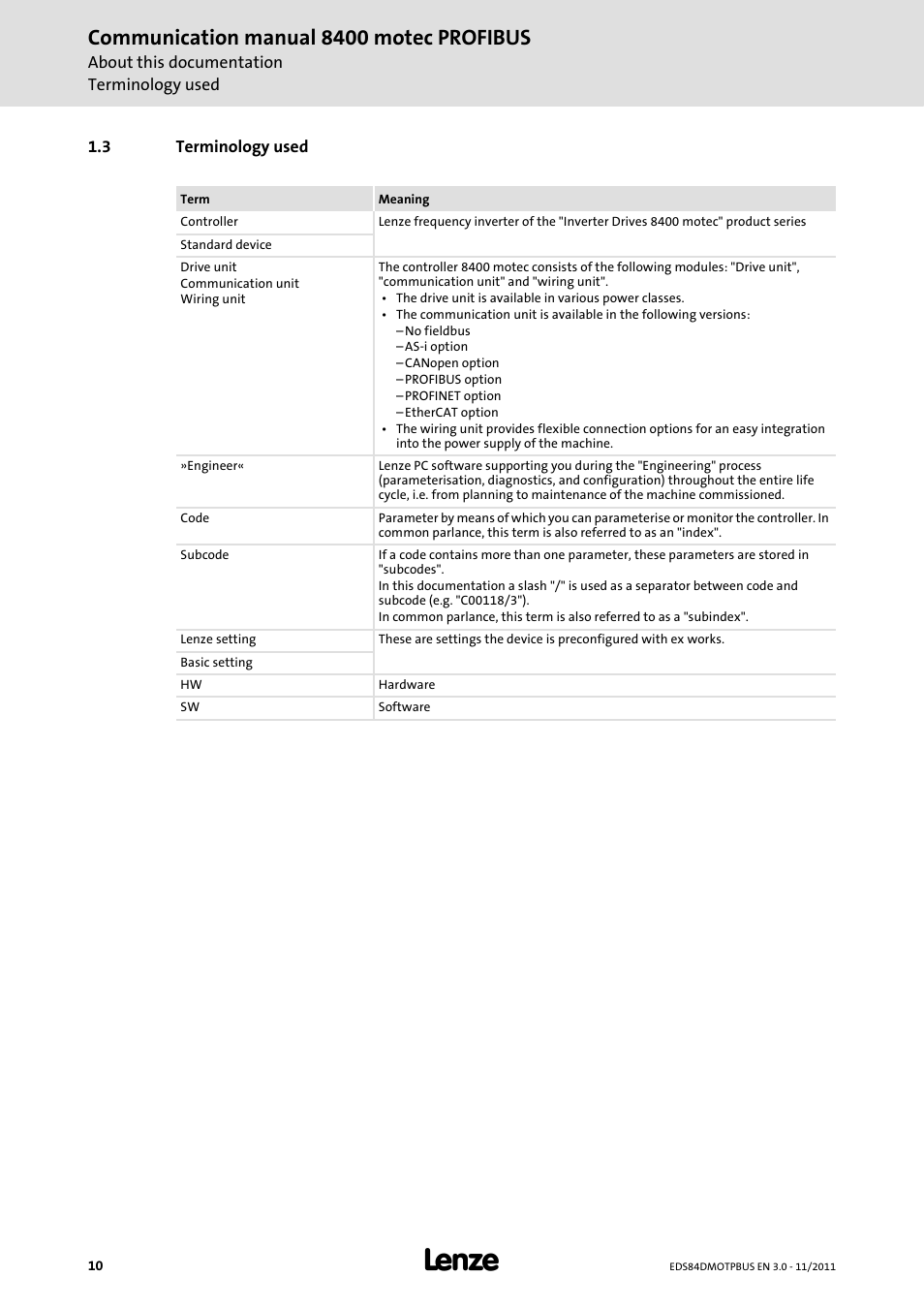 3 terminology used, Terminology used, Communication manual 8400 motec profibus | Lenze E84DGFCP User Manual | Page 10 / 100