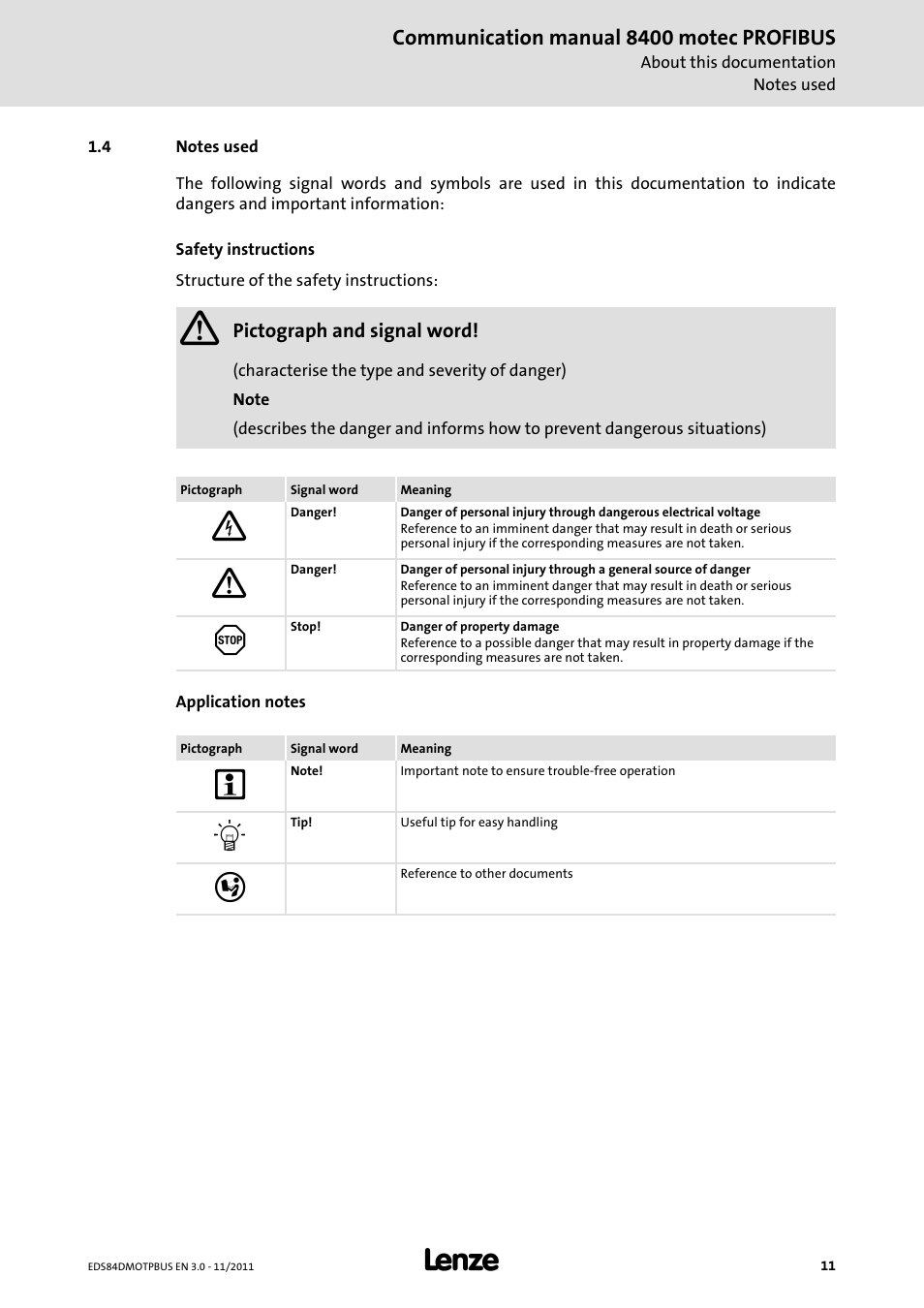 4 notes used, Notes used, Communication manual 8400 motec profibus | Lenze E84DGFCP User Manual | Page 11 / 100