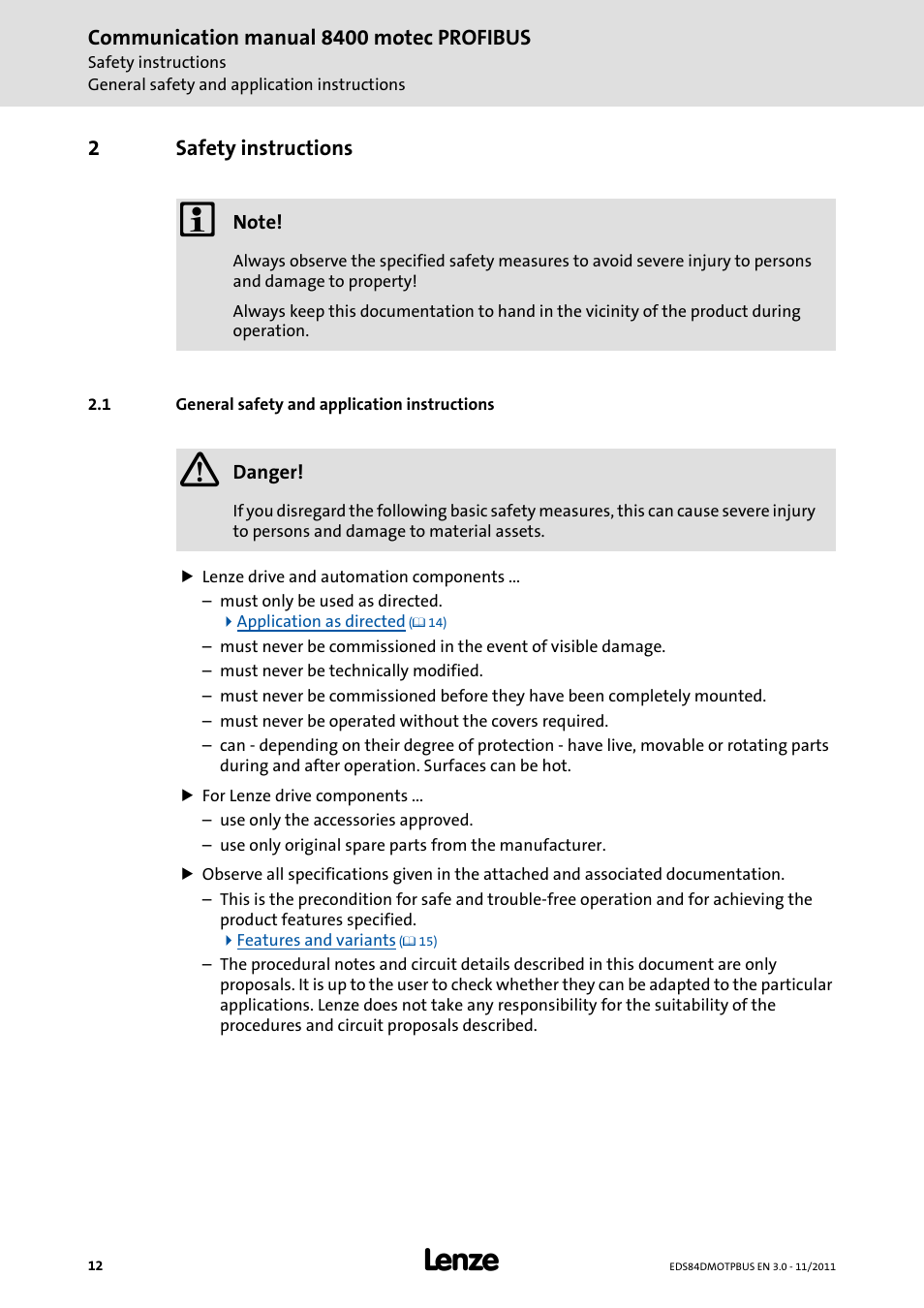 2 safety instructions, 1 general safety and application instructions, Safety instructions | General safety and application instructions | Lenze E84DGFCP User Manual | Page 12 / 100