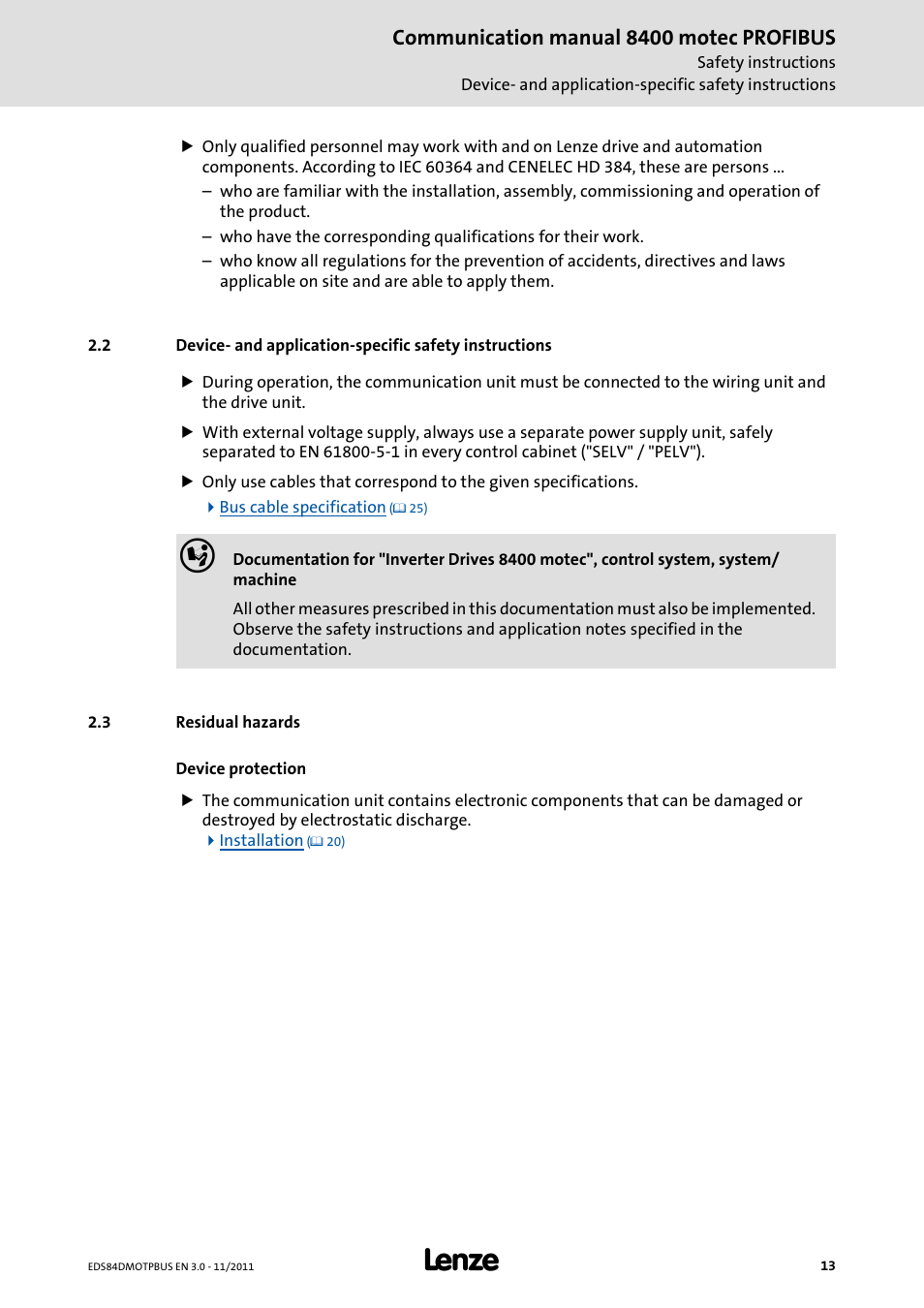 3 residual hazards, Residual hazards, Communication manual 8400 motec profibus | Lenze E84DGFCP User Manual | Page 13 / 100