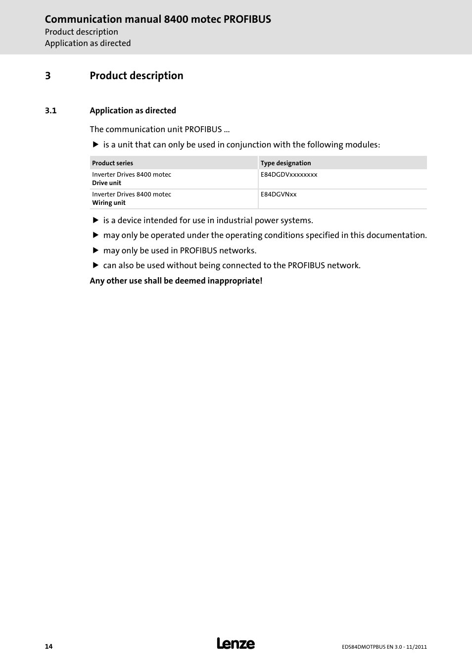 3 product description, 1 application as directed, Product description | Application as directed, Communication manual 8400 motec profibus, 3product description | Lenze E84DGFCP User Manual | Page 14 / 100