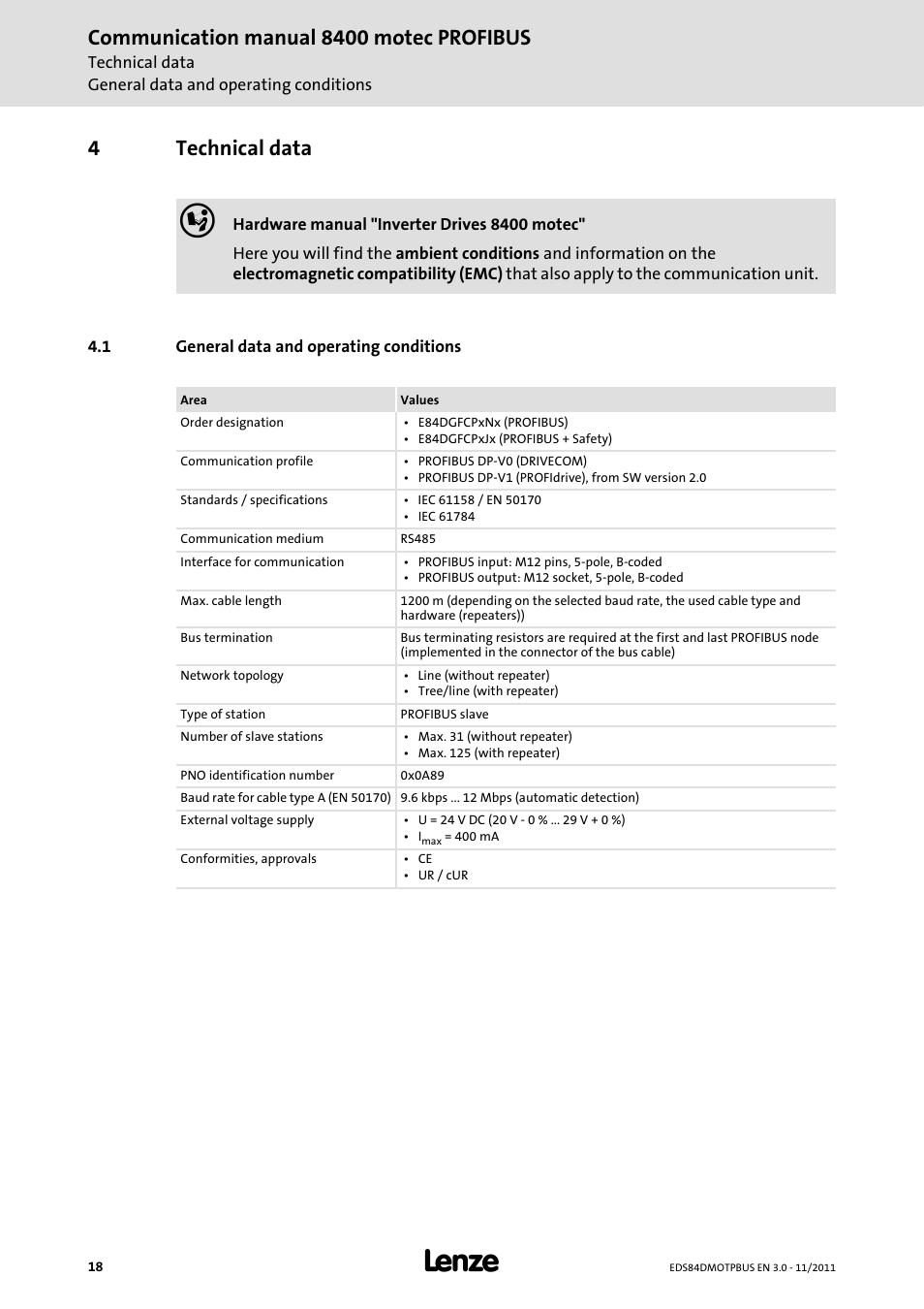 4 technical data, 1 general data and operating conditions, Technical data | General data and operating conditions, Communication manual 8400 motec profibus, 4technical data | Lenze E84DGFCP User Manual | Page 18 / 100