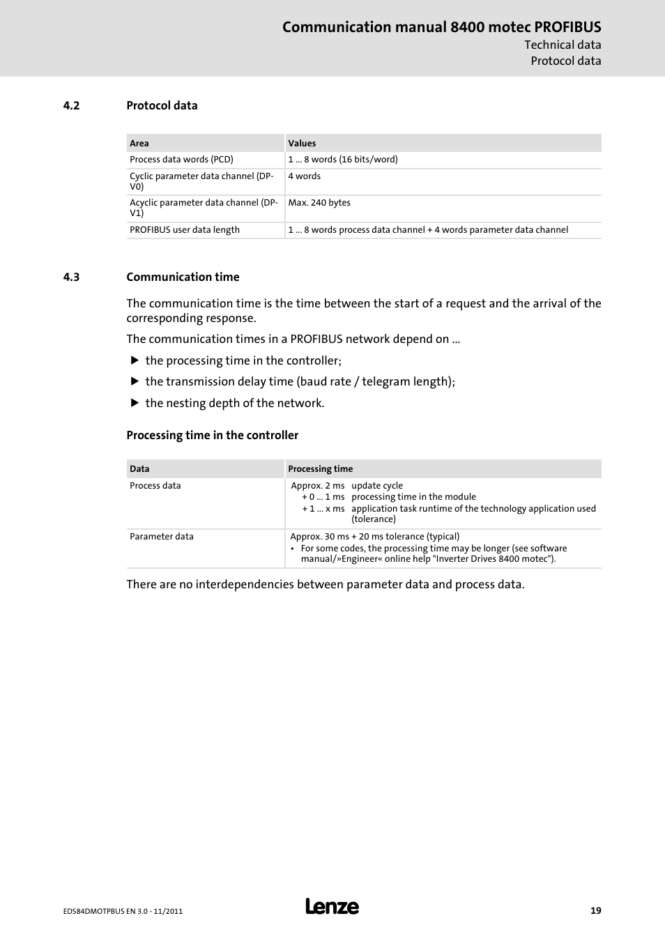 2 protocol data, 3 communication time, Protocol data | Communication time, Communication manual 8400 motec profibus | Lenze E84DGFCP User Manual | Page 19 / 100