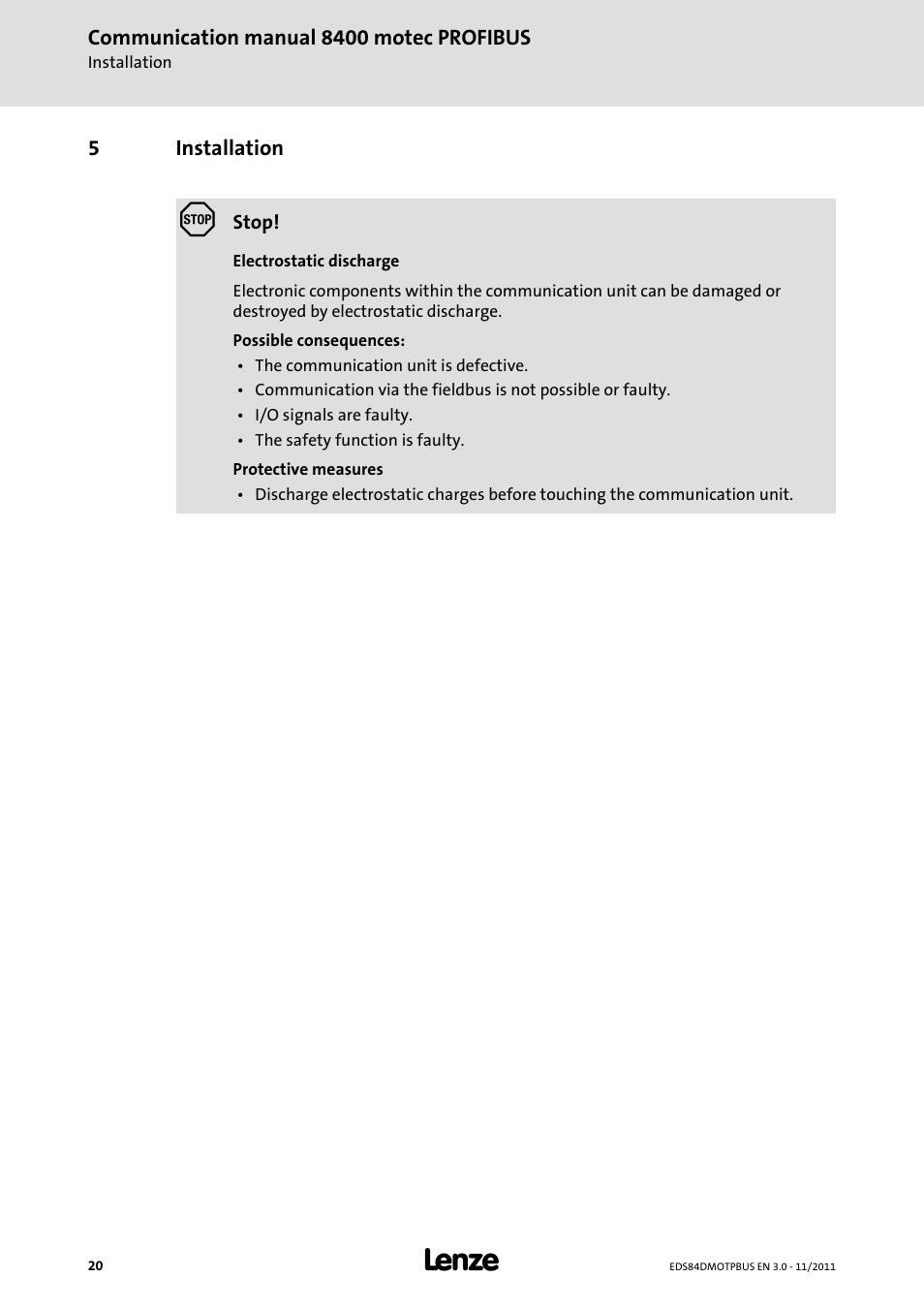 5 installation, Installation | Lenze E84DGFCP User Manual | Page 20 / 100