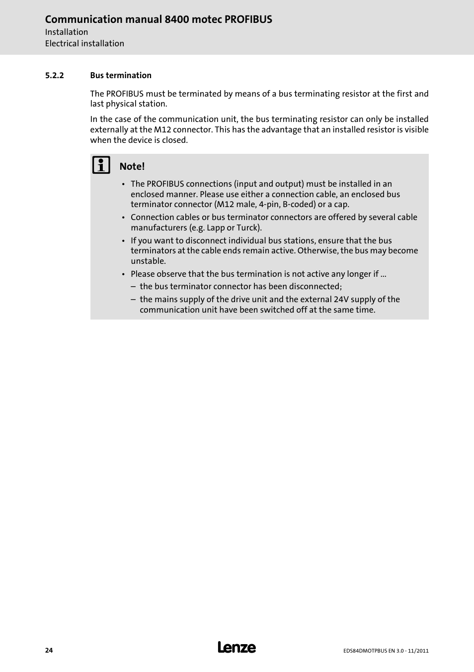 2 bus termination, Bus termination | Lenze E84DGFCP User Manual | Page 24 / 100