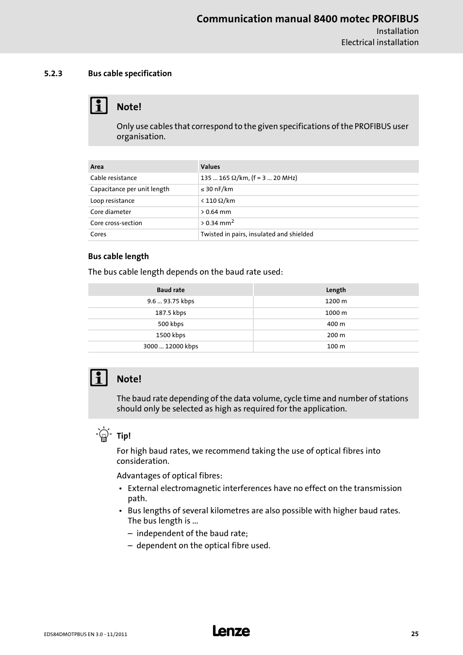 3 bus cable specification, Bus cable specification, Communication manual 8400 motec profibus | Lenze E84DGFCP User Manual | Page 25 / 100