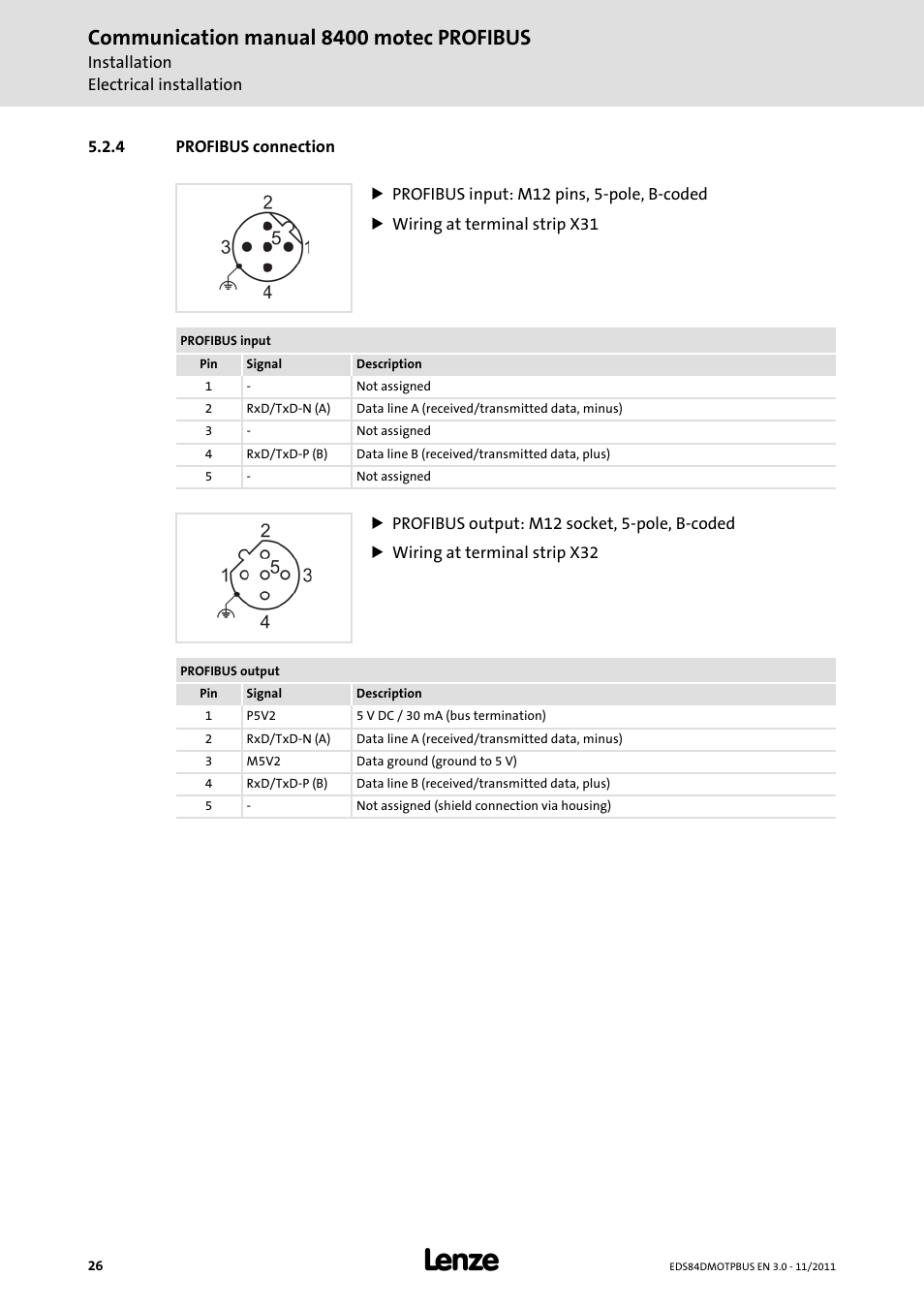 4 profibus connection, Profibus connection, Profibus connection ( 26) | Communication manual 8400 motec profibus | Lenze E84DGFCP User Manual | Page 26 / 100