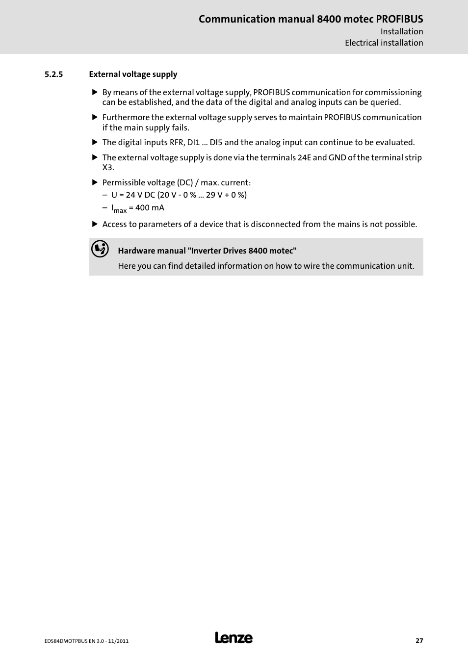 5 external voltage supply, External voltage supply | Lenze E84DGFCP User Manual | Page 27 / 100