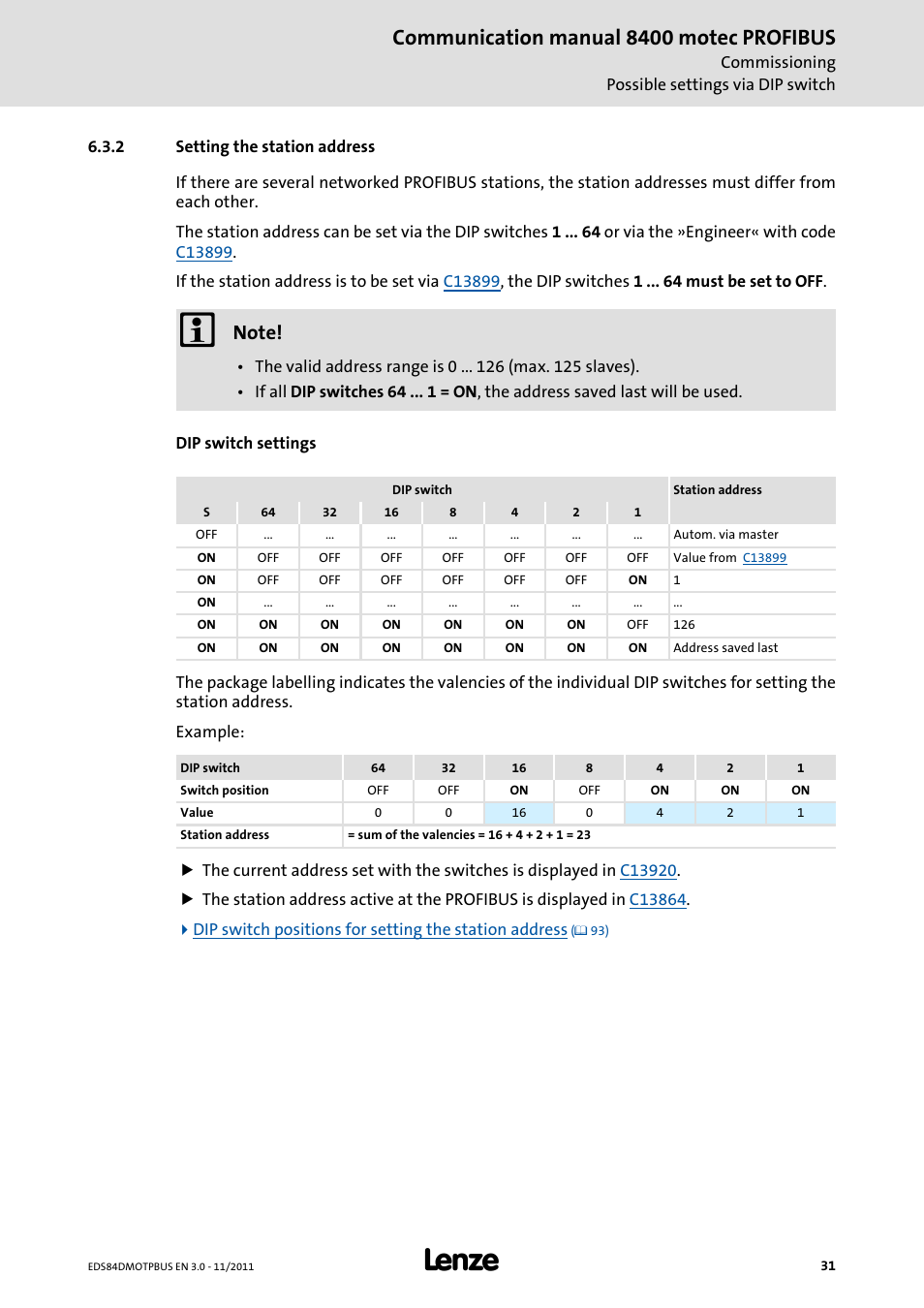 2 setting the station address, Setting the station address, Dip switch settings ( 31) | Corr, Communication manual 8400 motec profibus | Lenze E84DGFCP User Manual | Page 31 / 100
