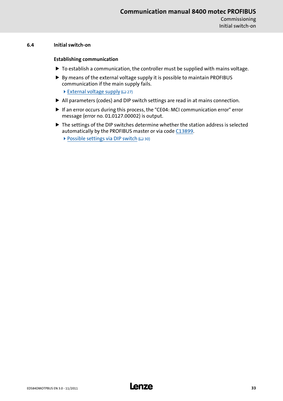 4 initial switch-on, Initial switch-on, Communication manual 8400 motec profibus | Lenze E84DGFCP User Manual | Page 33 / 100