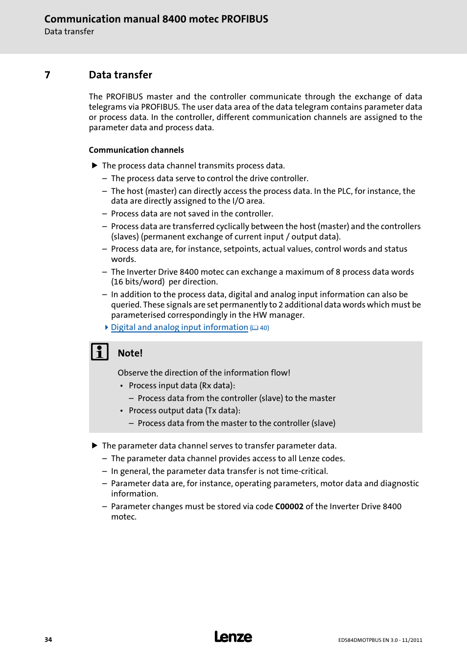 7 data transfer, Data transfer | Lenze E84DGFCP User Manual | Page 34 / 100