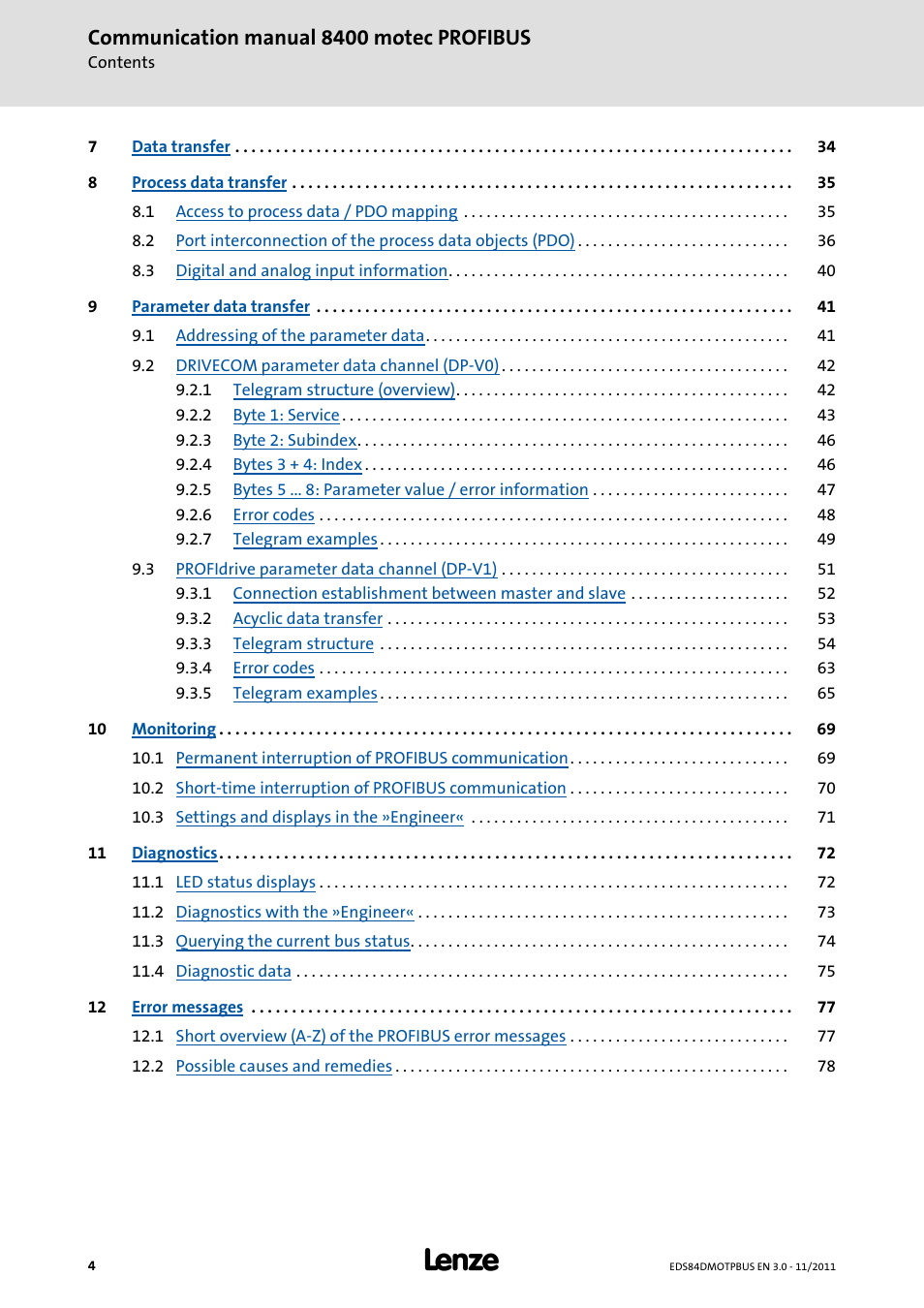 Communication manual 8400 motec profibus | Lenze E84DGFCP User Manual | Page 4 / 100