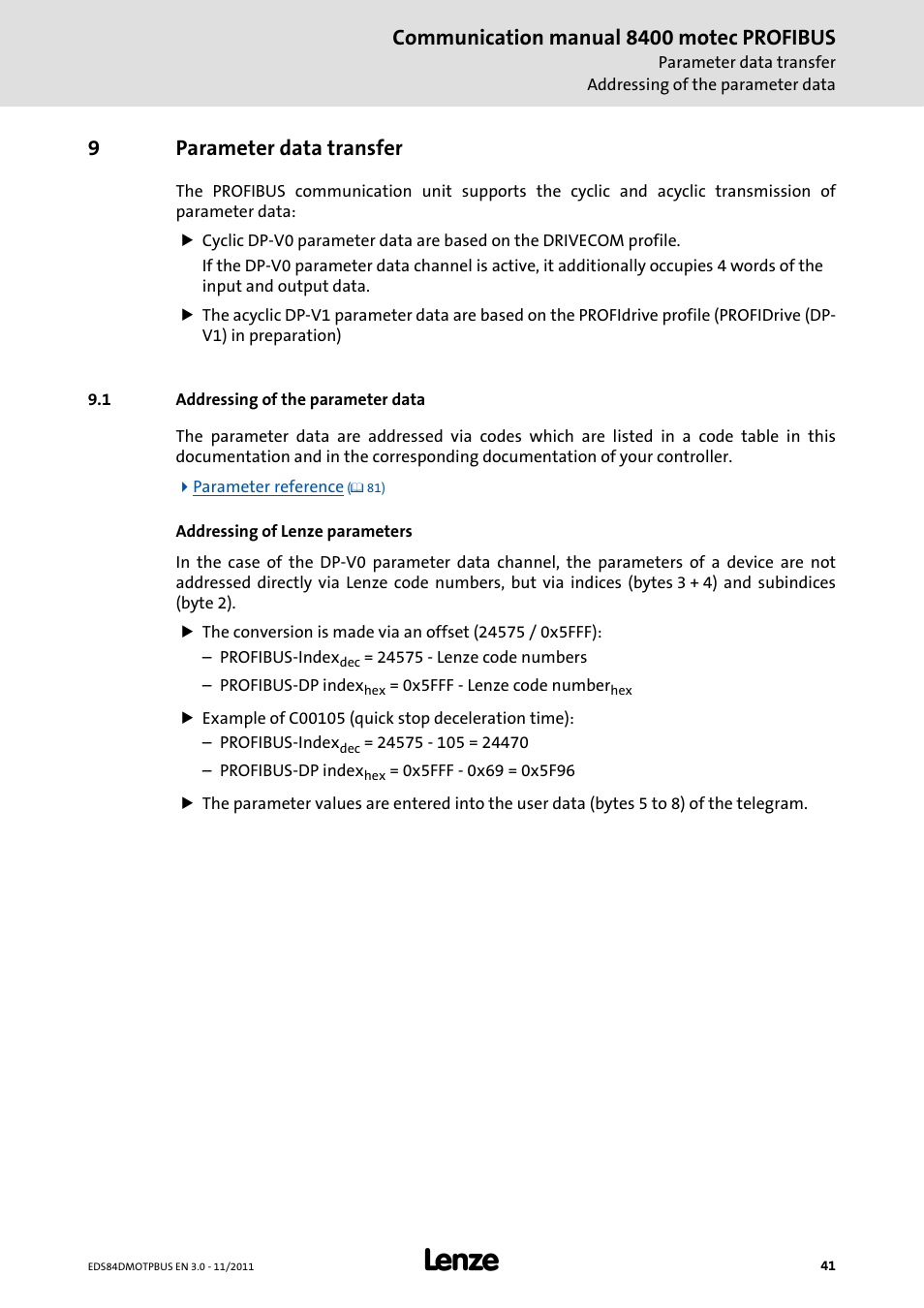 9 parameter data transfer, 1 addressing of the parameter data, Parameter data transfer | Addressing of the parameter data, Communication manual 8400 motec profibus, 9parameter data transfer | Lenze E84DGFCP User Manual | Page 41 / 100