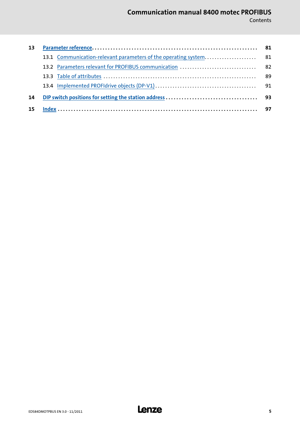 Communication manual 8400 motec profibus | Lenze E84DGFCP User Manual | Page 5 / 100