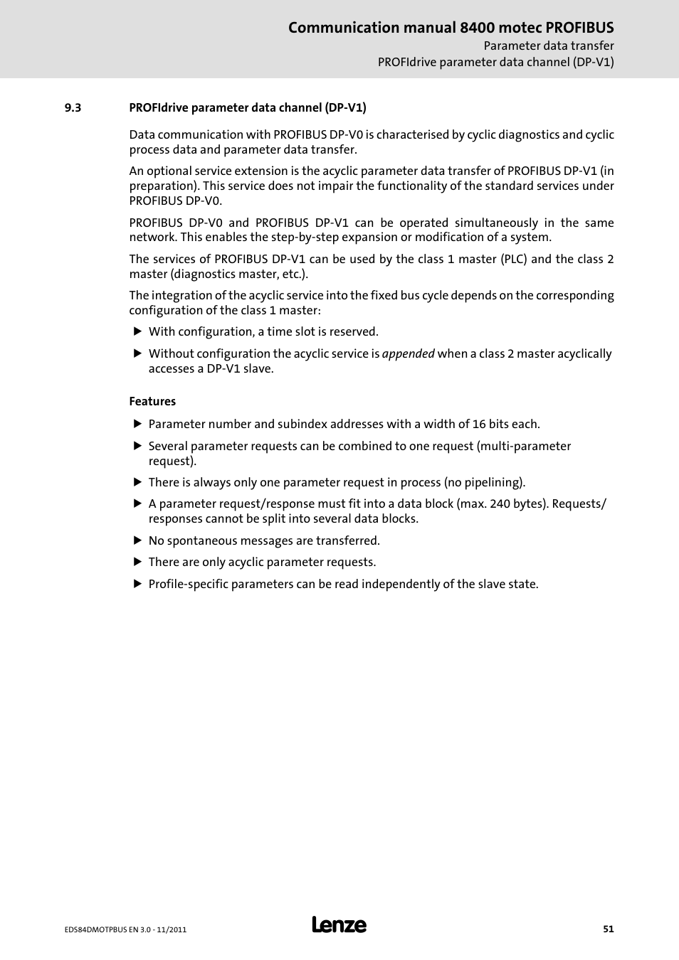 3 profidrive parameter data channel (dp-v1), Profidrive parameter data channel (dp-v1), Communication manual 8400 motec profibus | Lenze E84DGFCP User Manual | Page 51 / 100