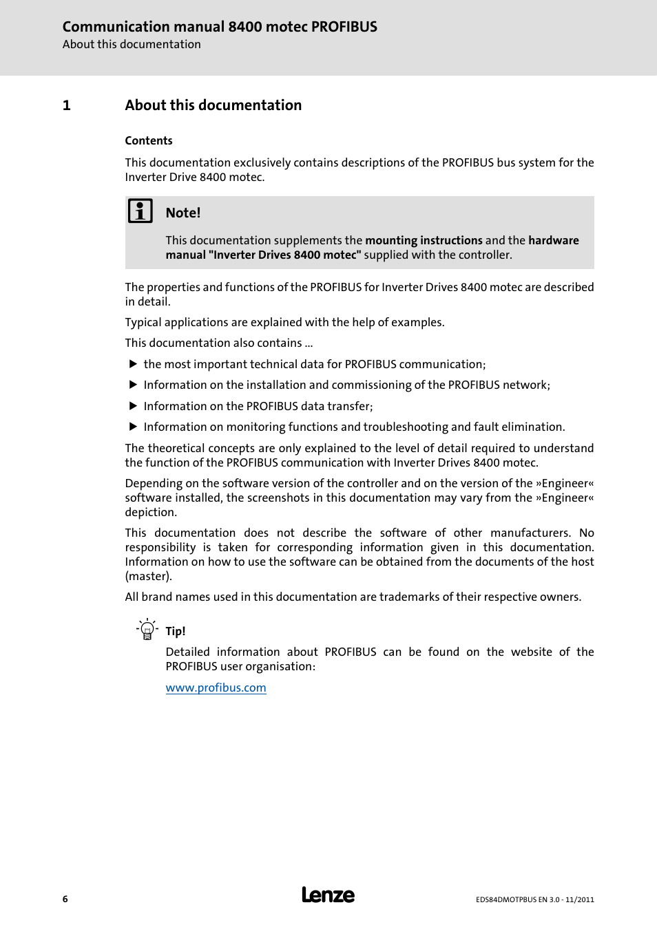 1 about this documentation, About this documentation | Lenze E84DGFCP User Manual | Page 6 / 100